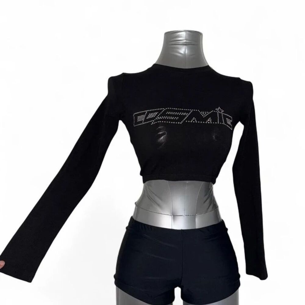 Black long sleeve crop top with rhinestone “cosmic"